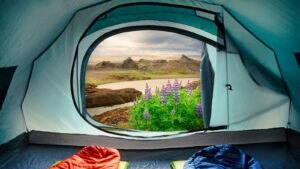 View of Icelandic landscape out the open door of a camping tent.