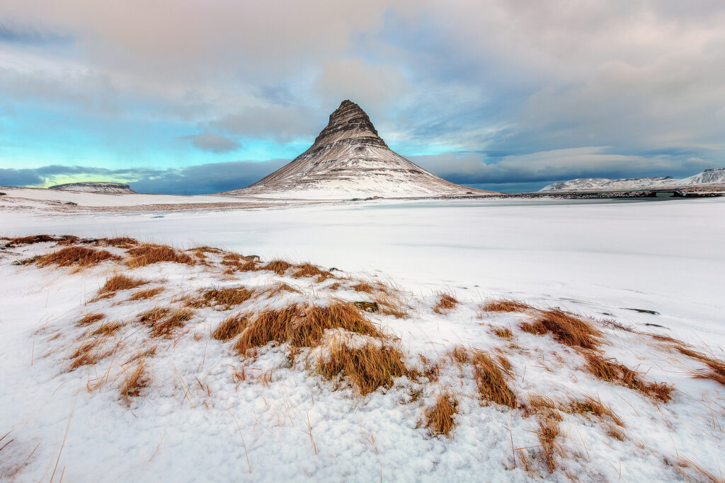 Kirkjufell Mountain, Iceland, covered in snow.