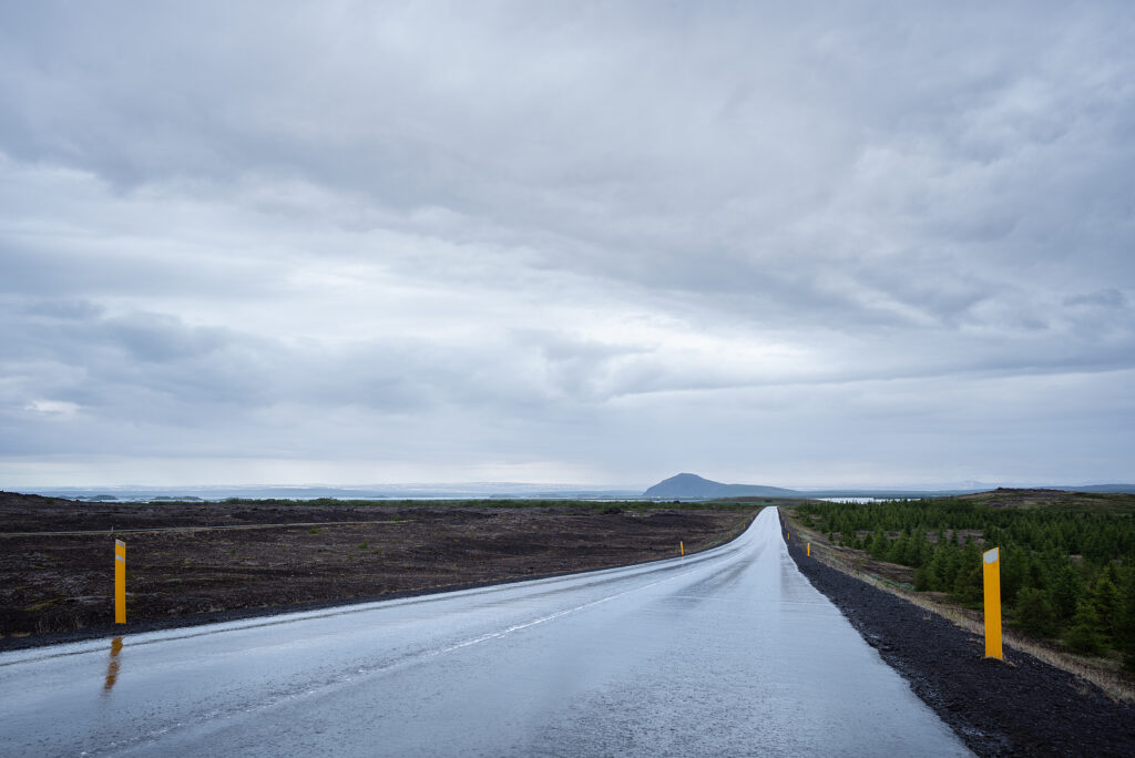 Wet road on a rainy day in Iceland.
