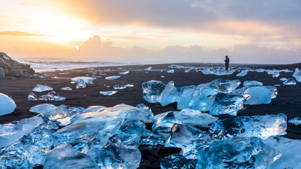 Glittering chunks of ice on Diamond Beach, Iceland