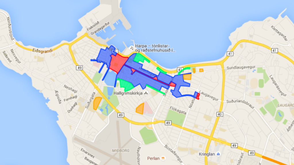 Map of on-street parking zones in Reykjavík