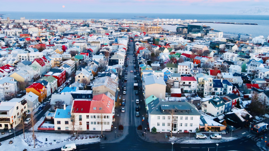 City view of a road and surrounding buildings in Reykjavík